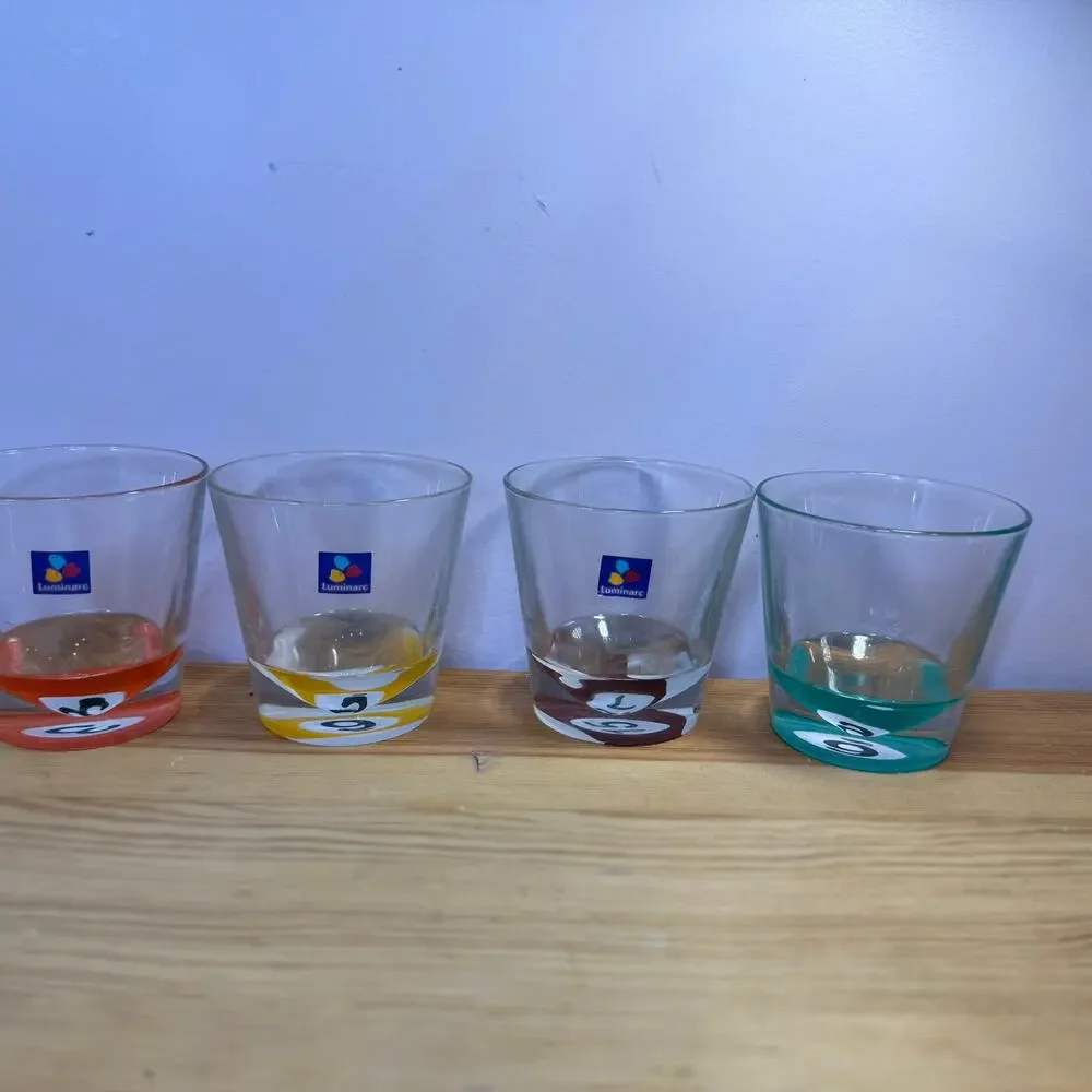 Vintage Luminarc France Pool Ball Billiards Rocks Glasses Set of 4 Barware